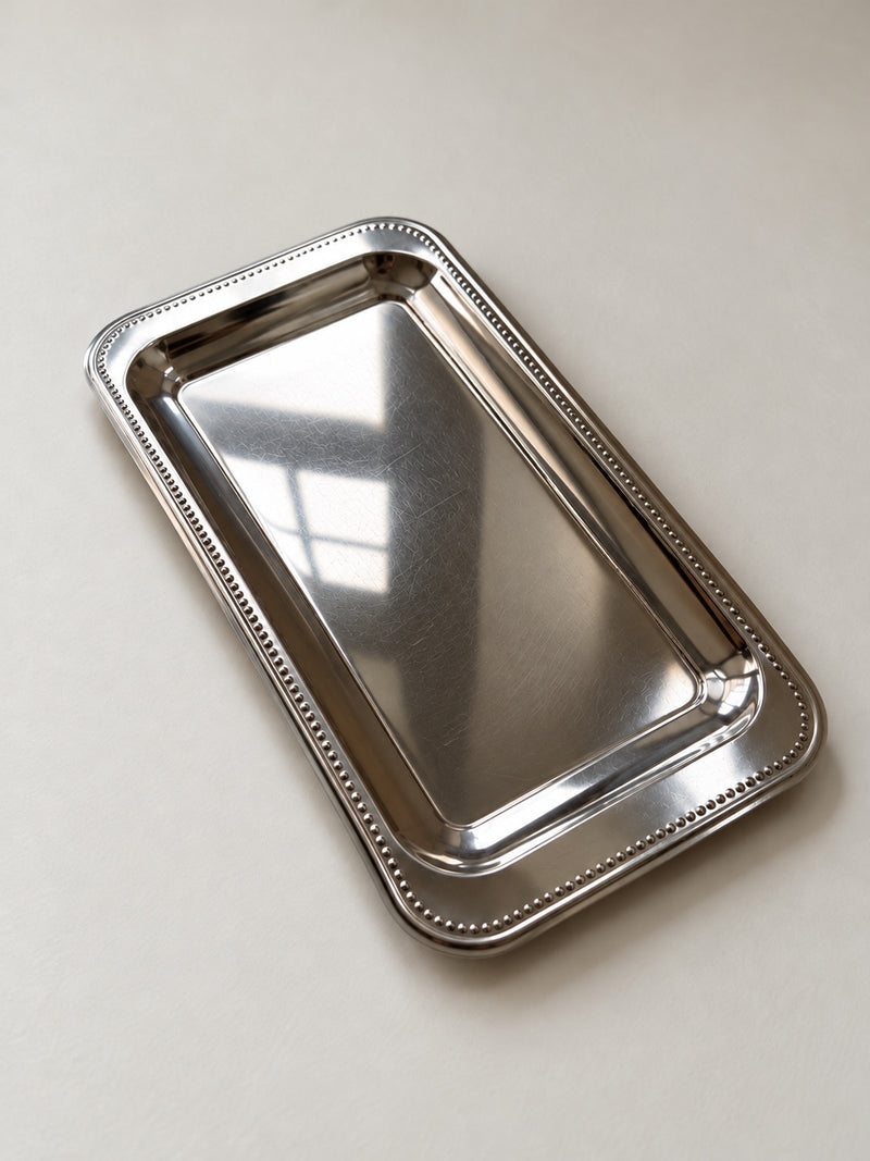 Guy Degrenne rectangular stainless steel serving tray with beaded rim