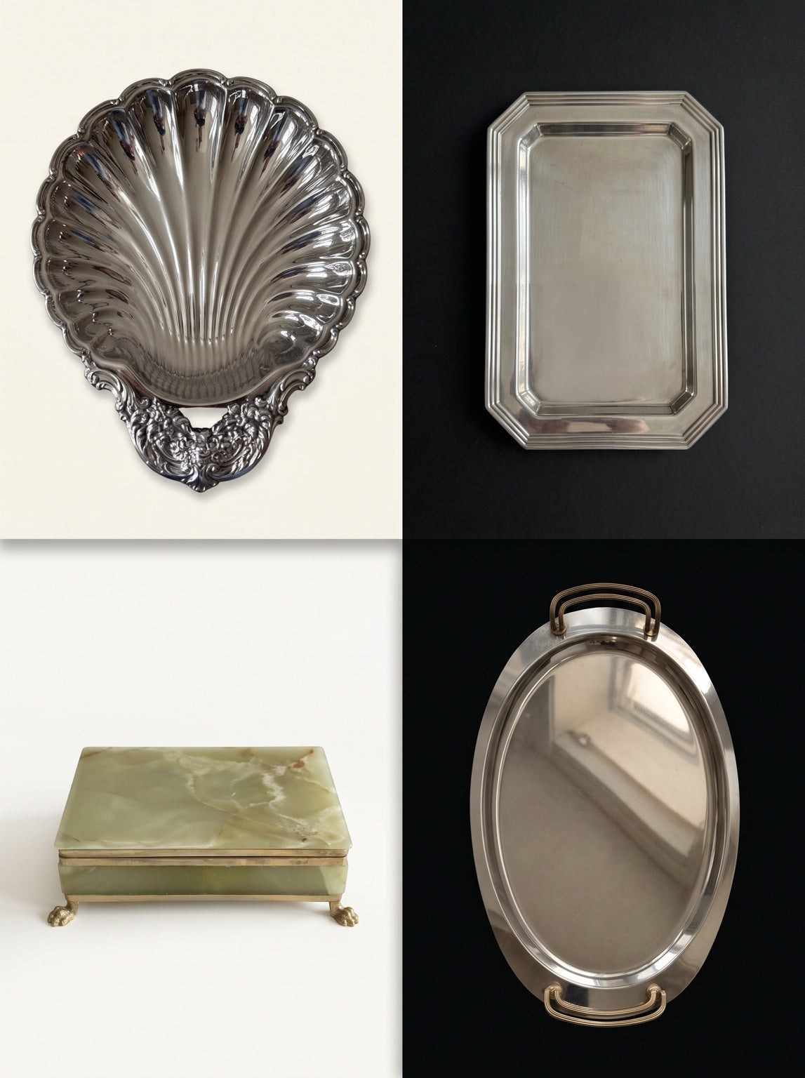 Editorial moodboard of vintage silver serving pieces and green onyx jewelry box