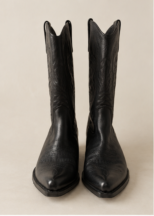Front view black leather western boots