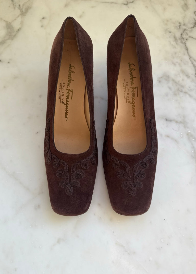 Original front view of brown suede Ferragamo pumps