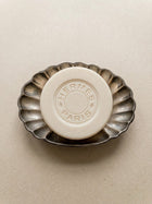 Vintage sculptural silver-tone shell soap dish styled with Hermès Paris soap