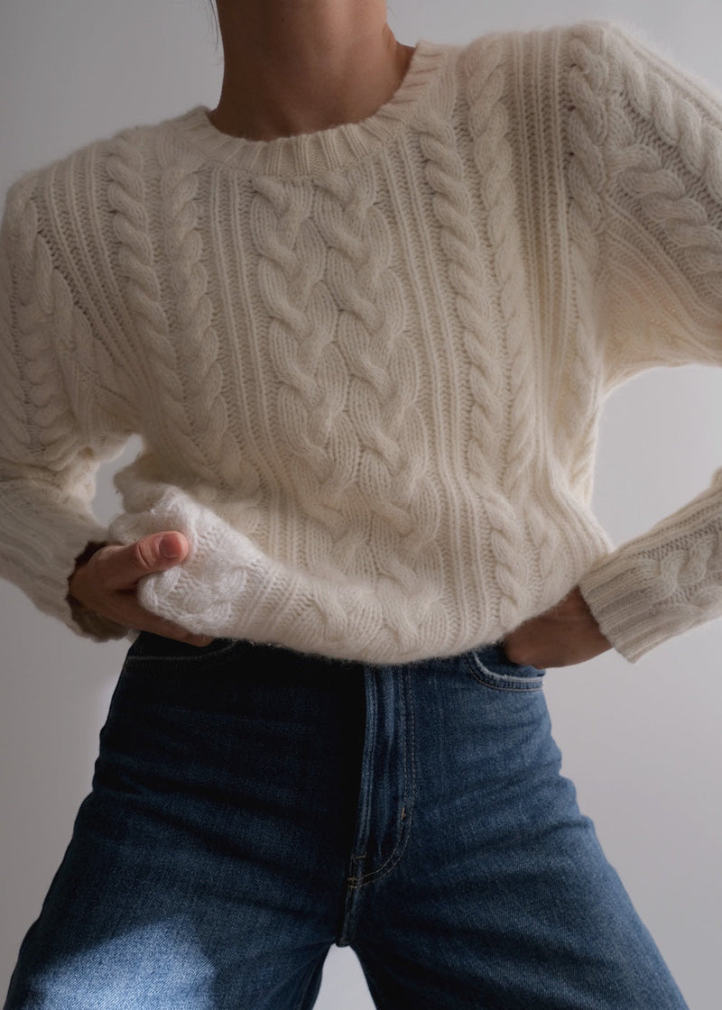 Vintage Ivory Lambswool & Angora Cable Knit Sweater