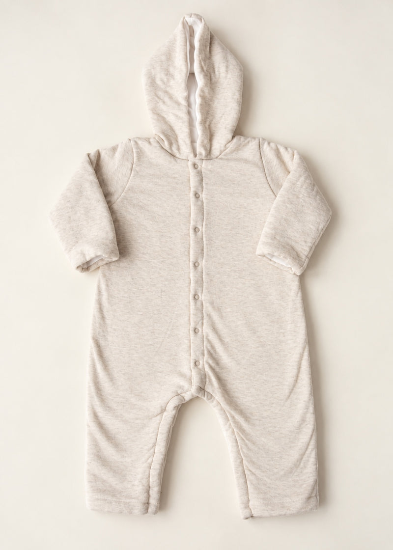 Petit Bateau heather beige quilted hooded baby onesie, size 9-12 months