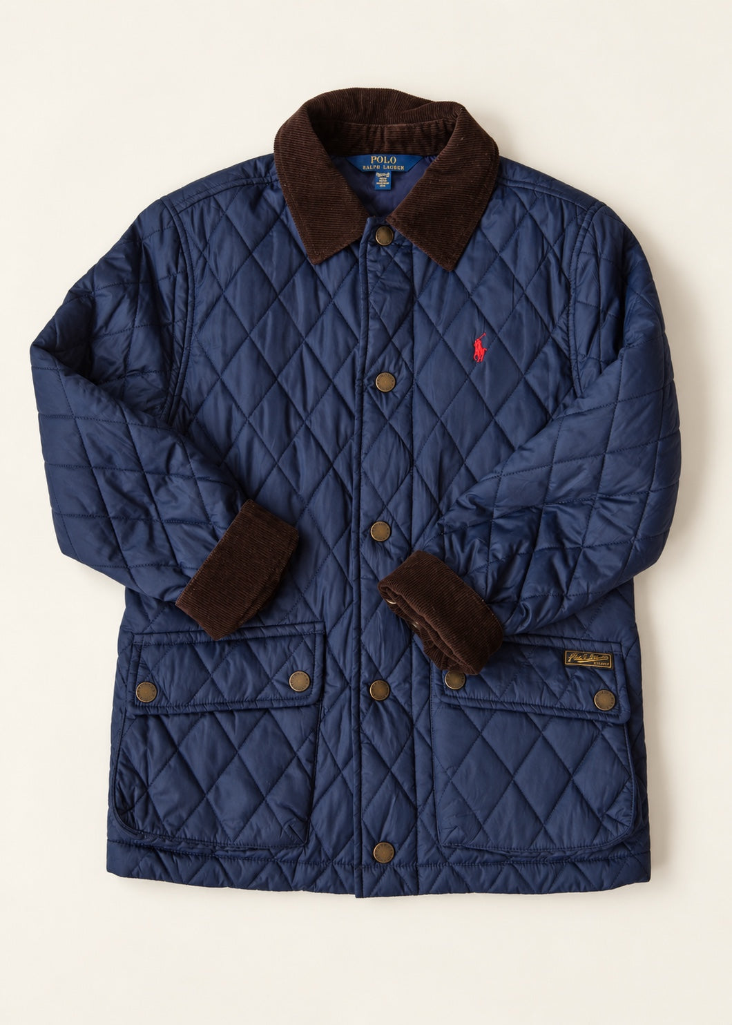 Polo Ralph Lauren navy quilted kids jacket with brown corduroy collar, size 10-12 years