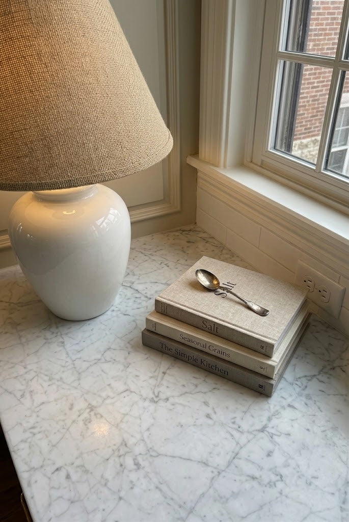 Vintage ceramic table lamp styled on marble countertop