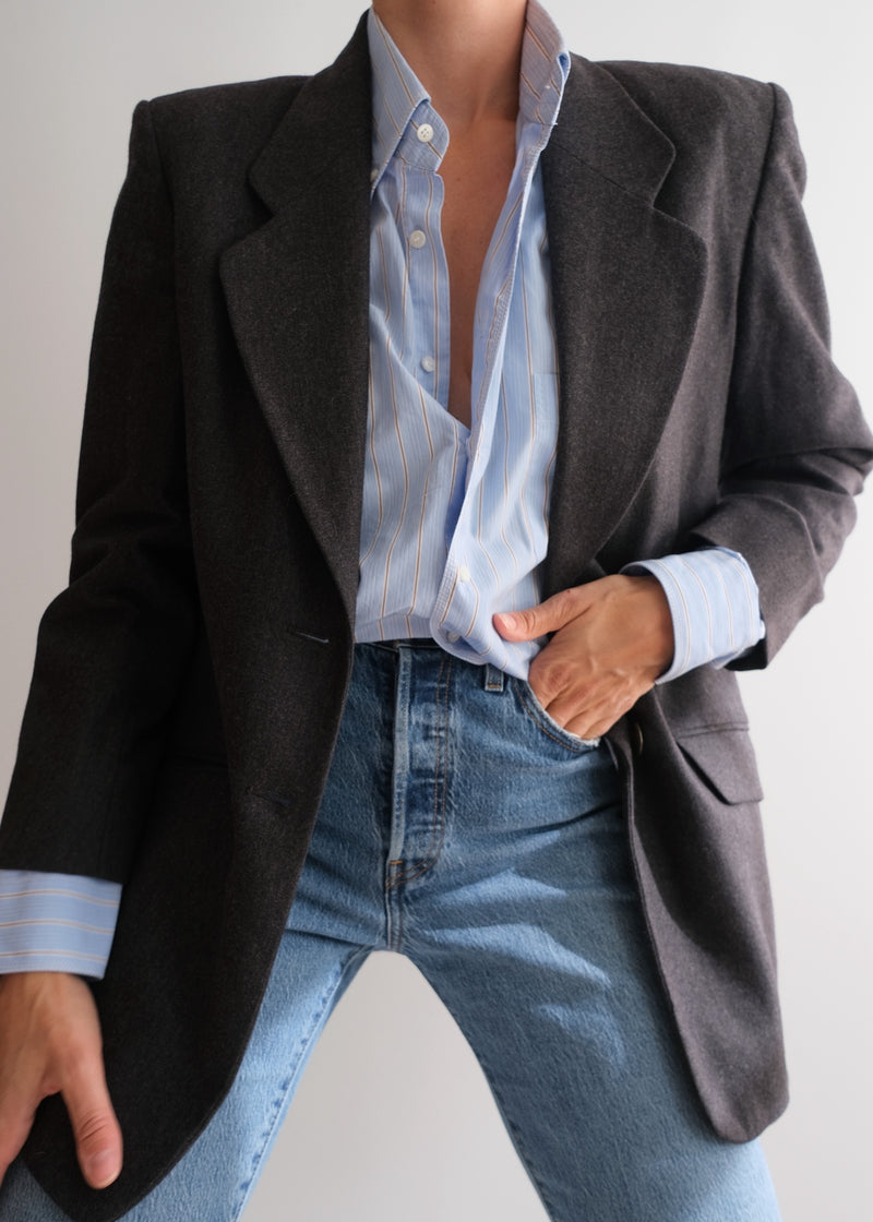 Vintage Jaeger London dark grey wool blazer styled front view