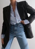 Vintage Jaeger London charcoal wool blazer styled with blue shirt and denim