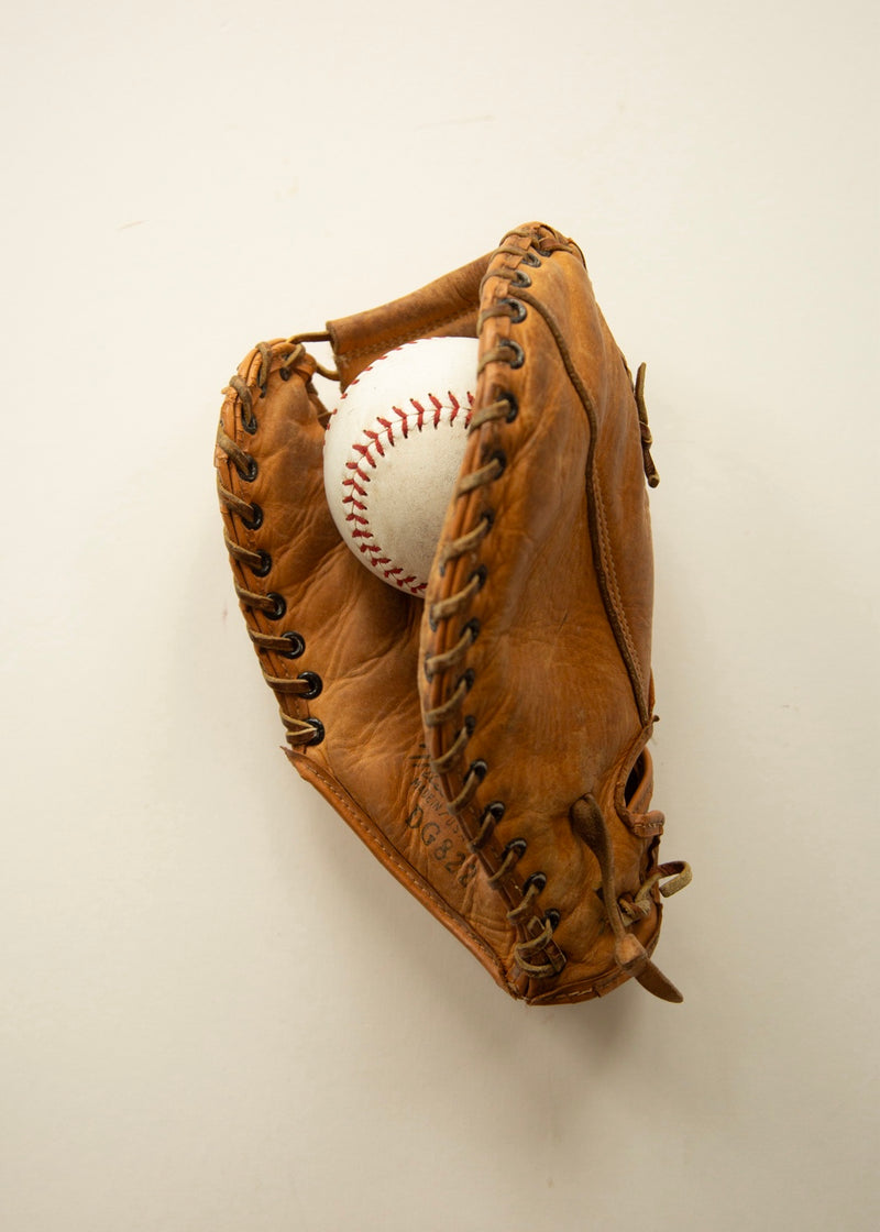 Vintage authentic leather baseball mitt with baseball, decorative kids room accent