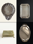 Editorial moodboard of vintage silver scallop shell and collected home objects